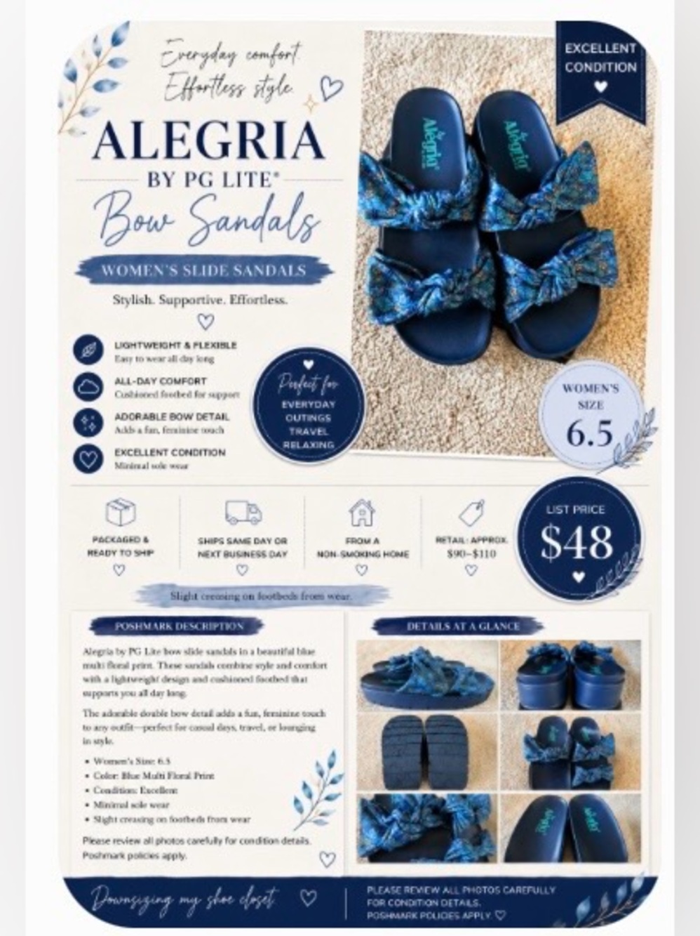 Alegria Bow Platform Slide Sandals Blue Multi Floral Size 6.5